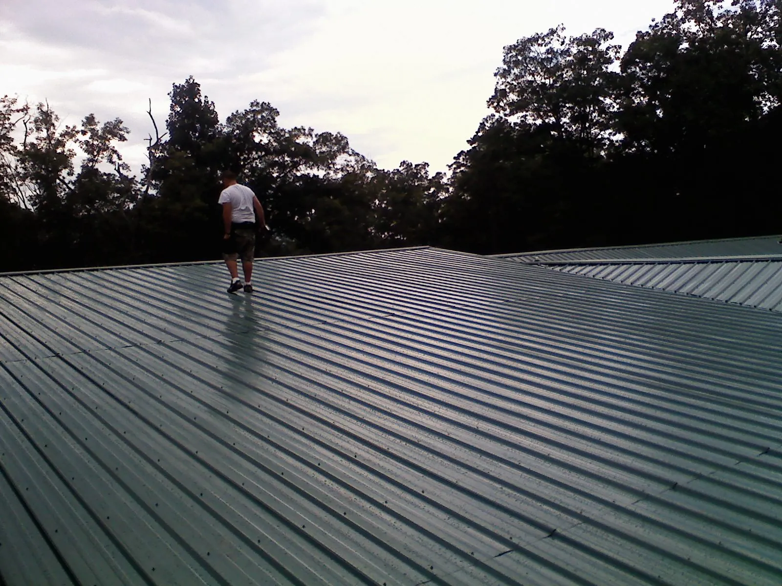 Roofer walking a wide expanse of new green metal roofing in Grandin