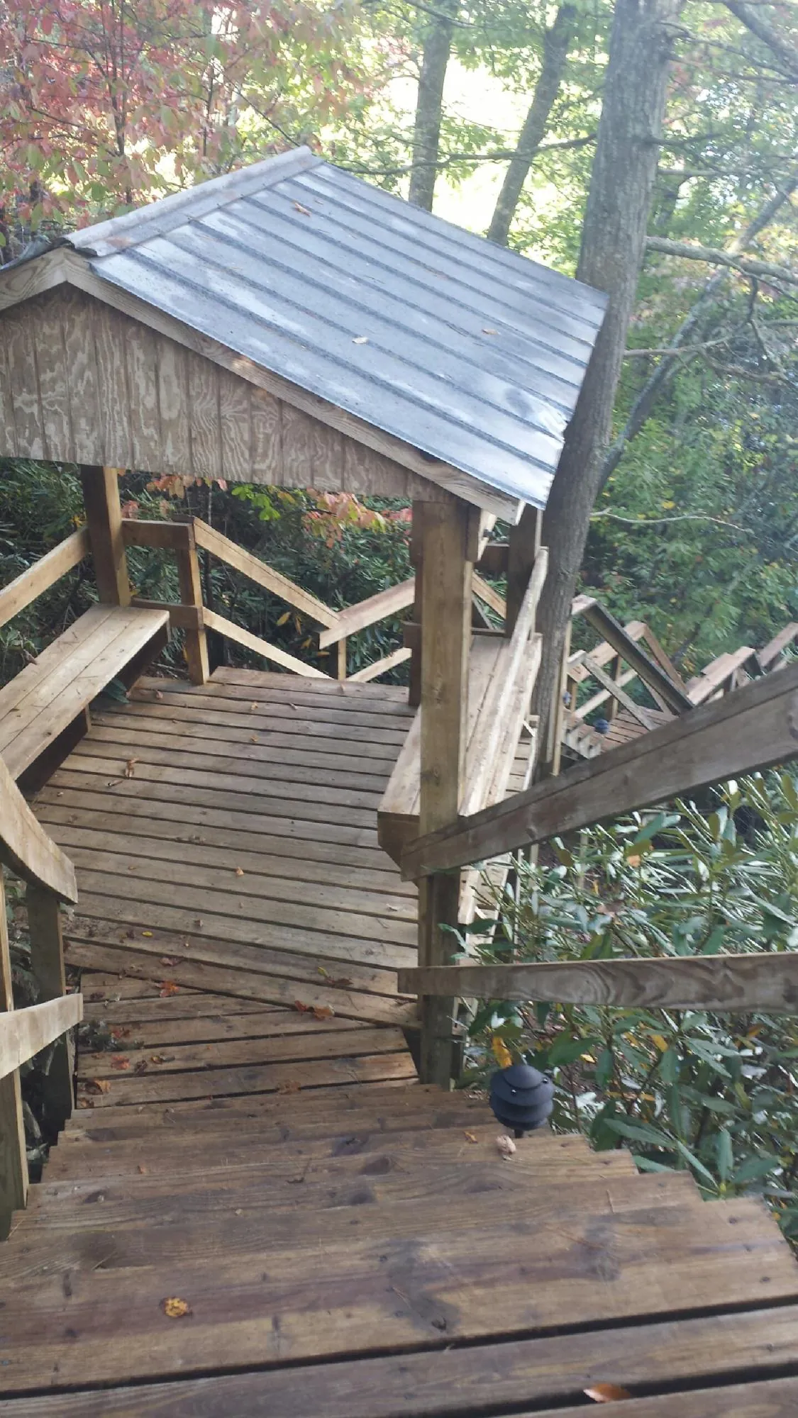 Metal roofed shelter over wooden steps on a wooded walkway — Skylight Repair & Installation work by our crew in Grandin